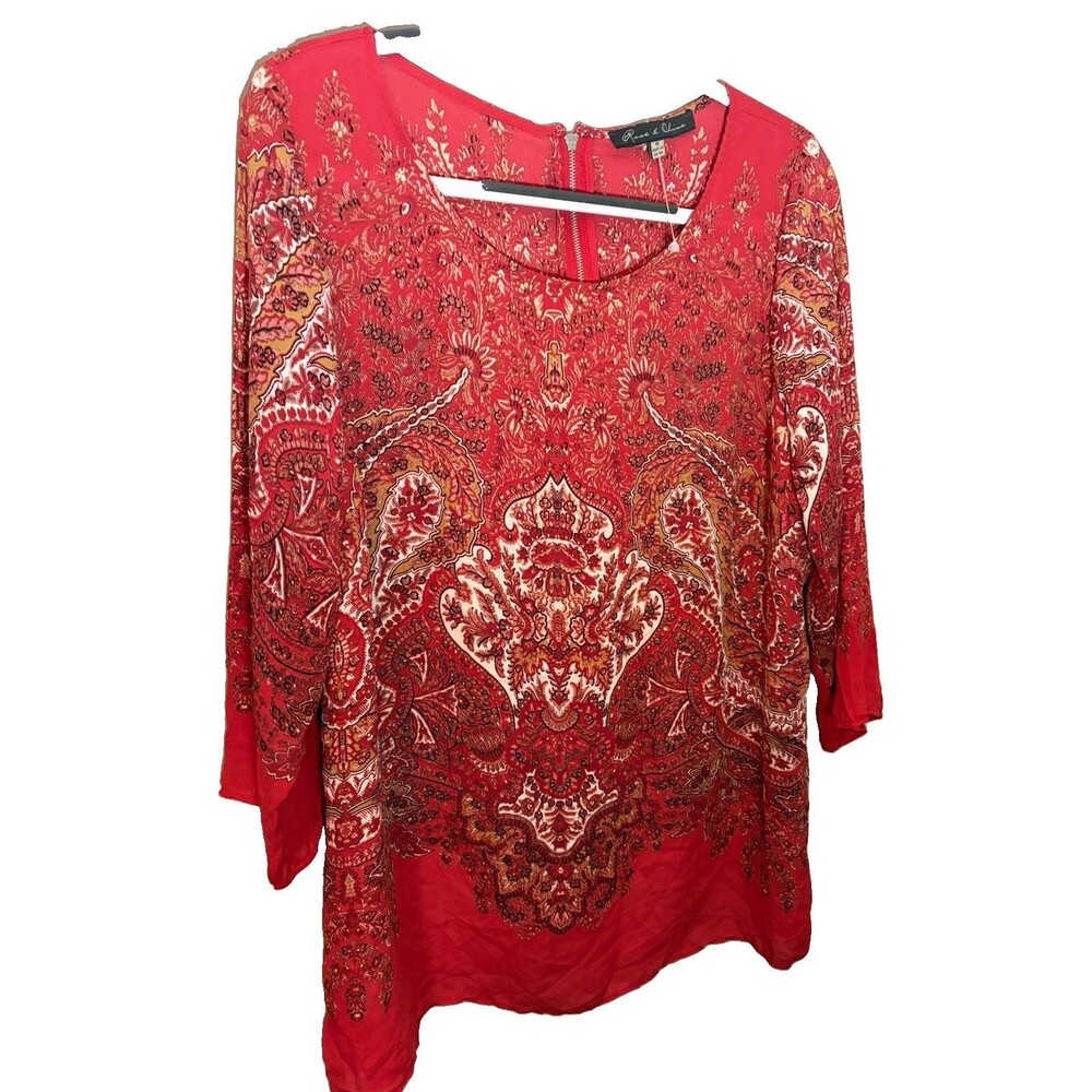 Rose & Olive 1X Red Paisley Blouse 3/4 Sleeve Boho Chic Artsy Tunic Floral NEW